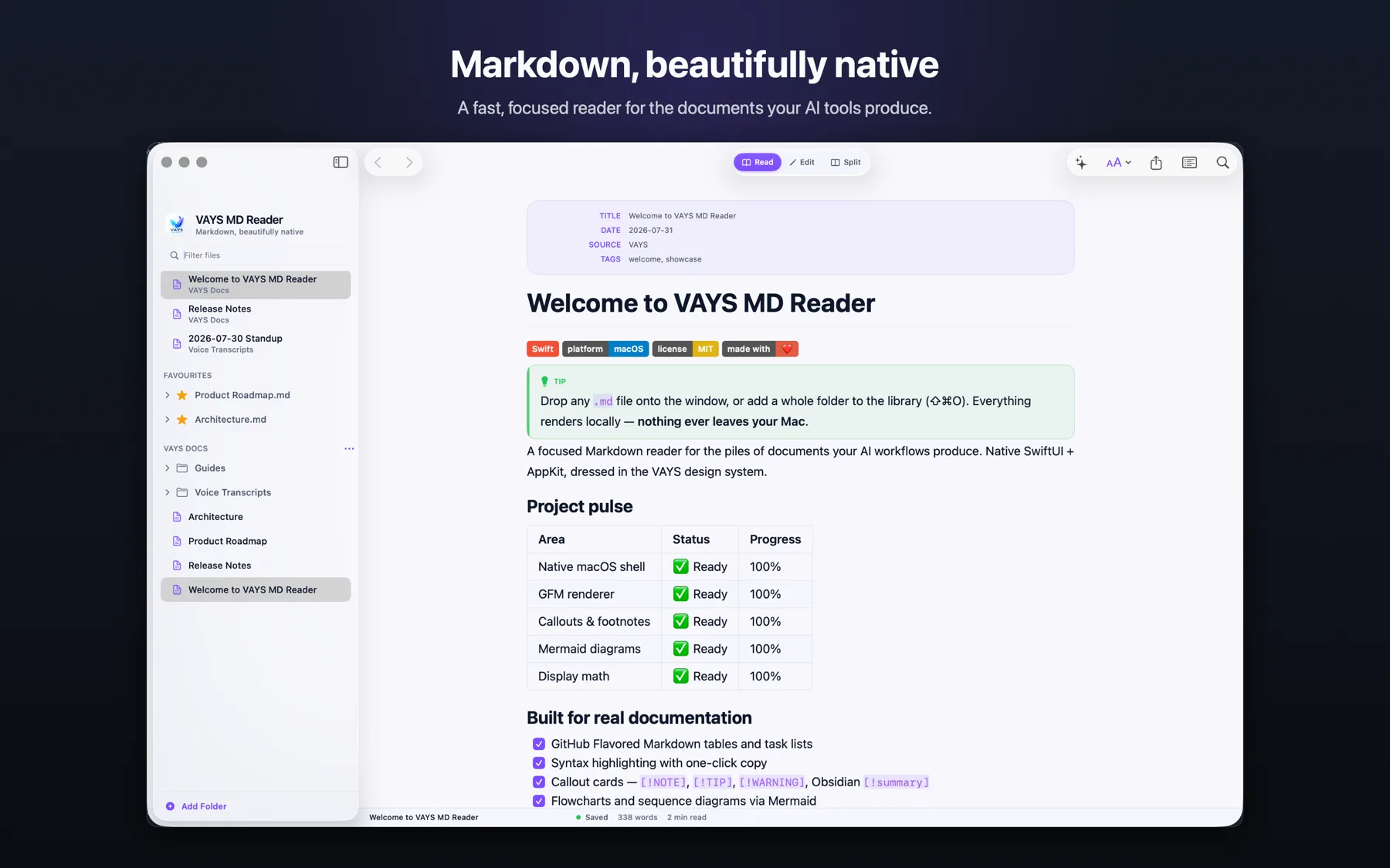 VAYS MD Reader rendering an agent-written document with a front-matter card, badges, callouts and tables
